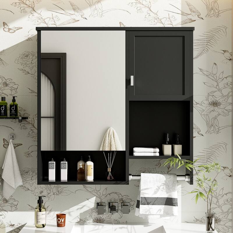29'' x 28'' Wall Mounted Bathroom Medicine Cabinet with Mirror and Towels Bar - Black