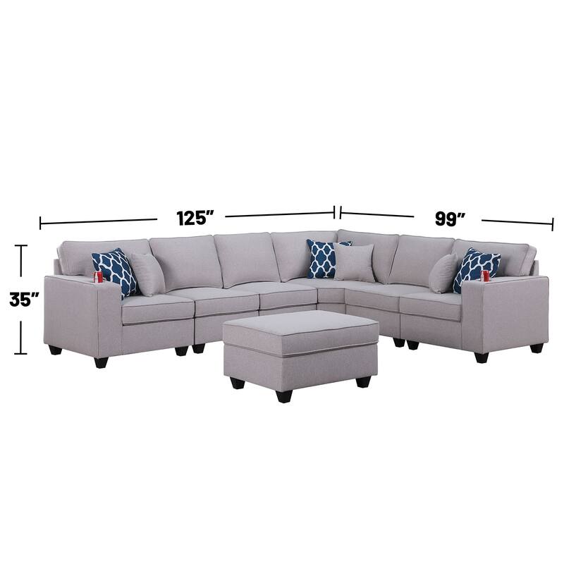 7 Piece Upholstered L-Shape Sectional Sofa with Ottoman in Light Gray
