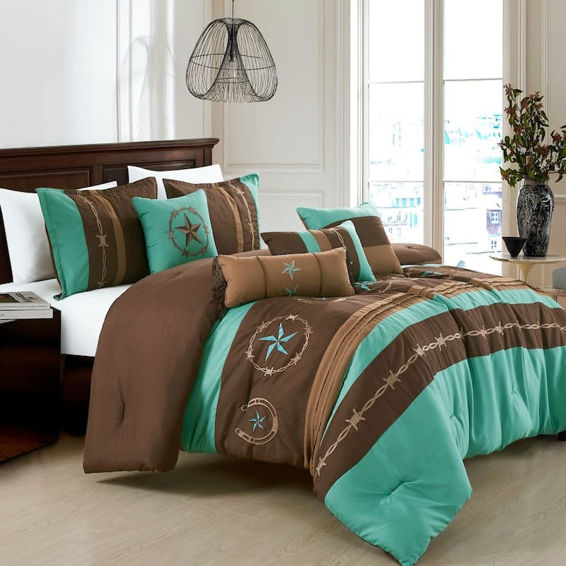 7 Piece Teal Brown Southwestern Star Soft Bedding Comforter Set - Queen