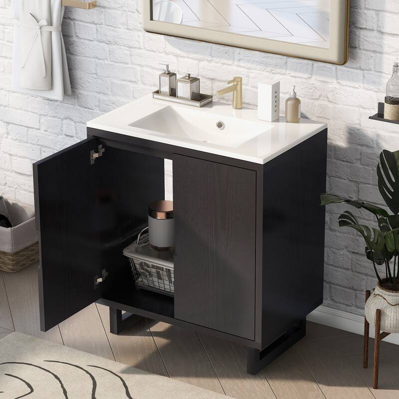 Bathroom Vanity with Sink, Floor Standing Wooden Storage Cabinet, Freestanding Bathroom Vanity with 2 Soft-Closed Doors
