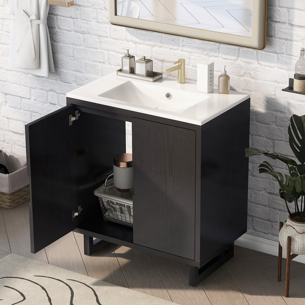 Black 30" Solid Wood Bathroom Vanity Cabinet with Sink