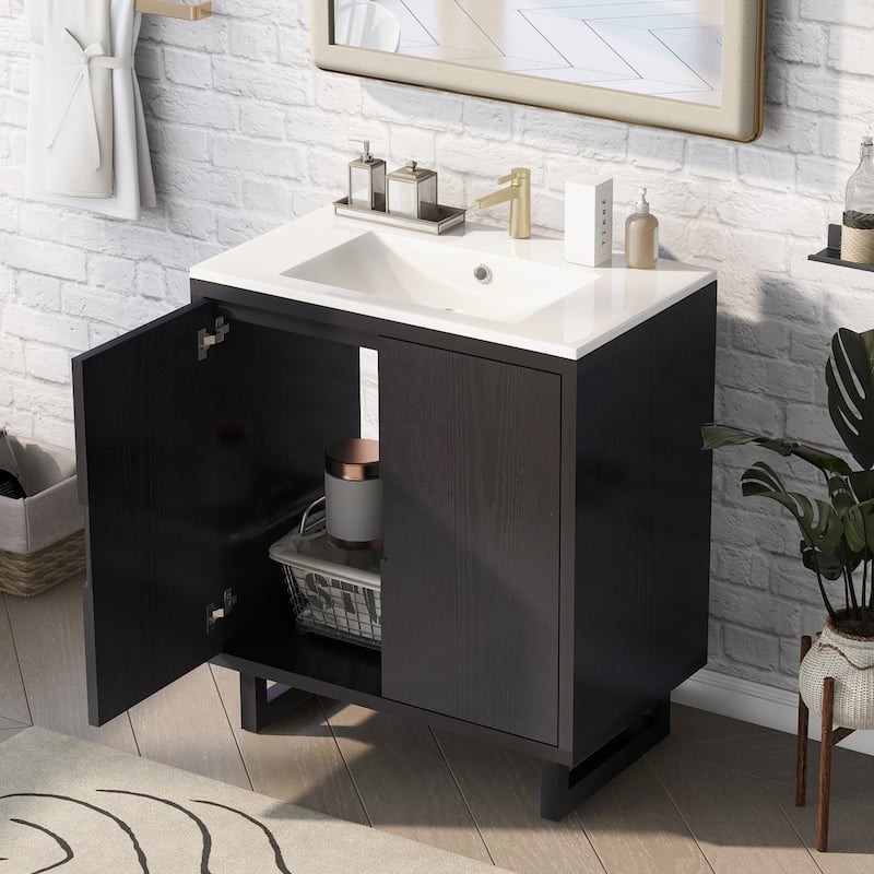 Black 30" Solid Wood Bathroom Vanity Cabinet with Sink