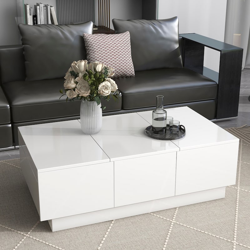 Extendable Coffee Table, Rectangle Center Table w/ 2 Drawers,High-Gloss Hidden Storage Wood Cocktail Table for Living Room