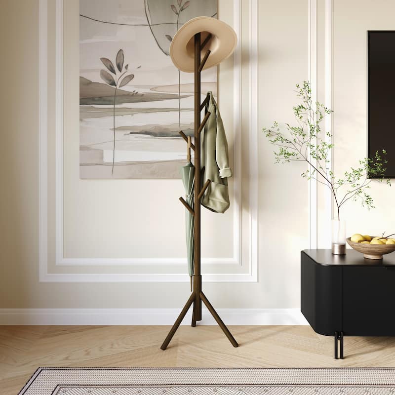 Clayfell Houma Solid Wood Freestanding 8-Hook Coat Rack - Entryway, Hallway, Bedroom Organizer for Jackets & Hats - Brown