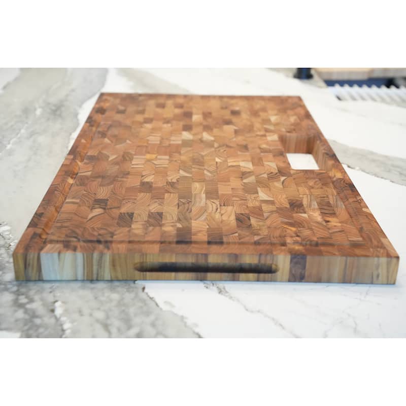 EcoDecors Large Solid Teak Butcher Block 29" x 18", End Grain Cutting Board with Juice Groove, FSC Certified Carving Board