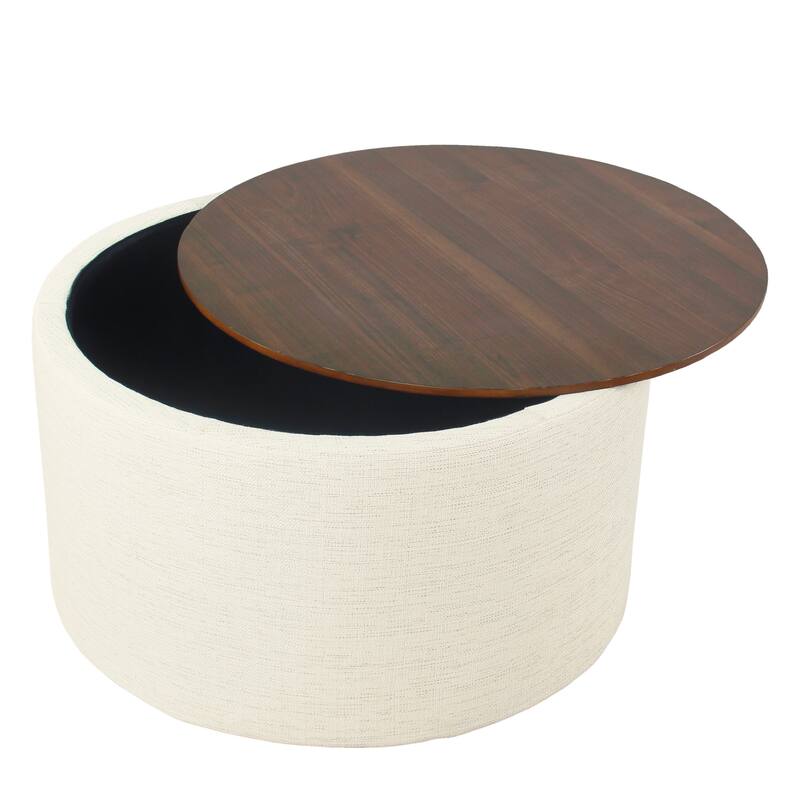Mesy Storage Ottoman, 30 Inch Round Lift Tray Top, Ivory Woven Fabric