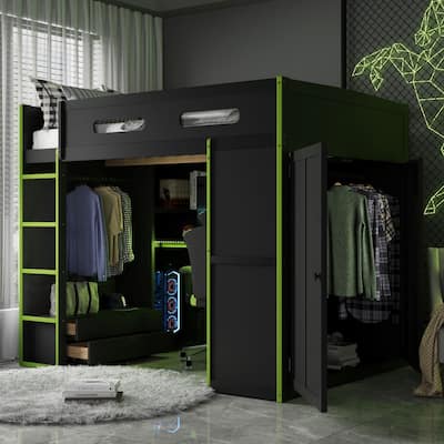 Full Size Versatile Loft Bed w/ Built-in Desk w/ Charging Station, Wood Storage Gaming Bed Frame w/ Wardrobe and Drawer