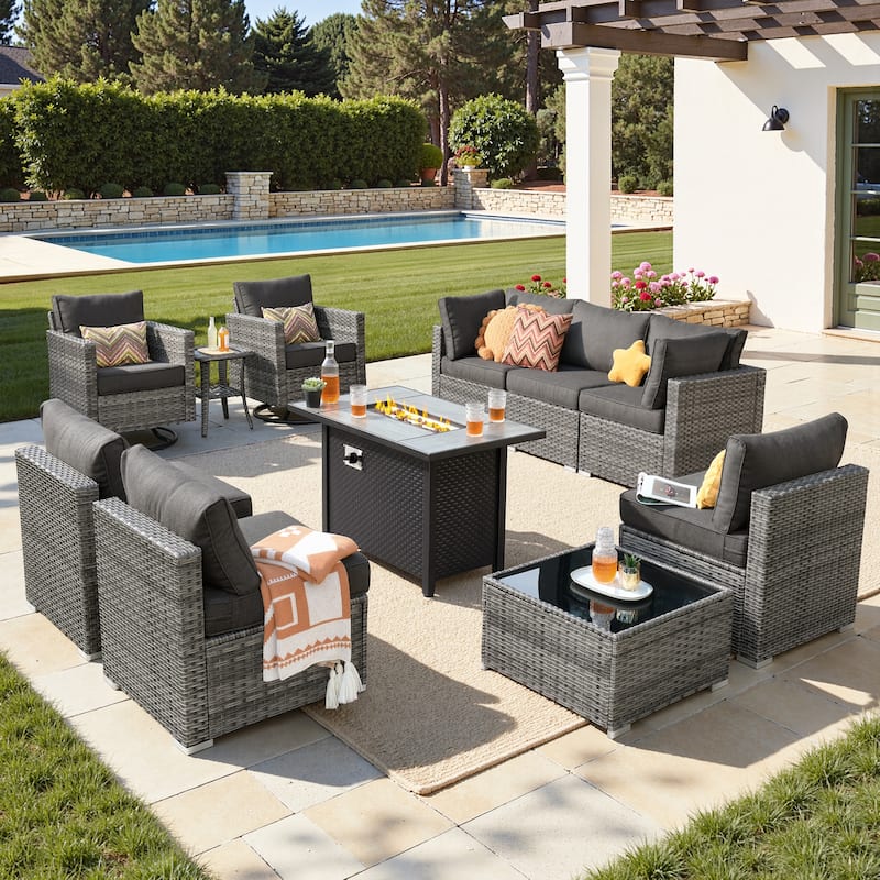 XIZZI 11-Piece Outdoor Patio Furniture Swivel Chairs Set with Fire Table - Black