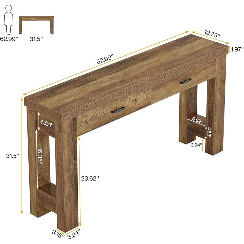 63 Inches Brown Wooden Entryway Table with 2 Drawers, Farmhouse Console Table for Hallway