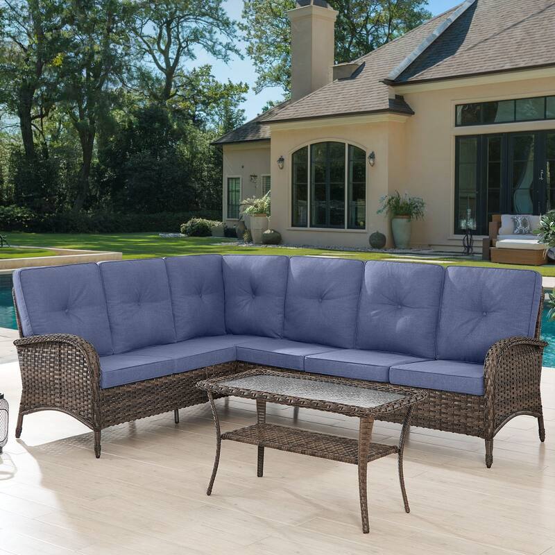 Outdoor Sectional Furniture Sofa Set with Coffee Table - Brown - Blue