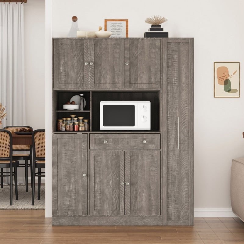 Large Kitchen Pantry Storage Cabinet Cupboard, Buffet with Hutch and Pull-Out Side Cabinet for Enhanced Kitchen Organization