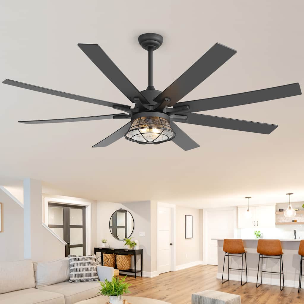 65" Industrial Seeded Glass Black Decorative Ceiling Fan with Remote and Light Kit