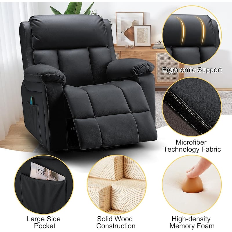 Heated Massage Recliner Chair with 360° Swivel, Rocking Feature, and Side Pocket for Living Room