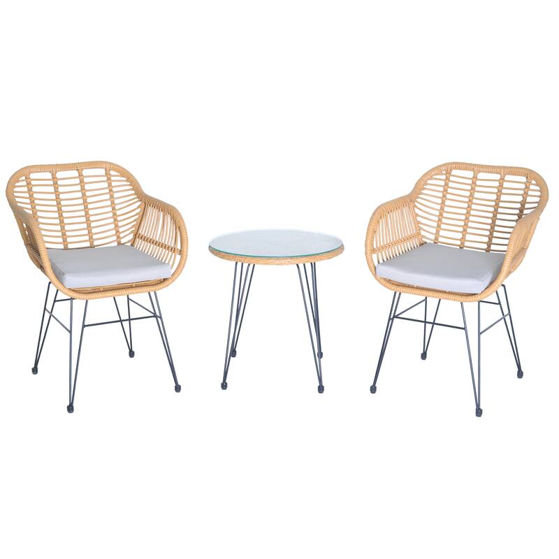 3 Pieces Patio Rattan Conversation Set with Coffee Side Table - Yellow+Beige