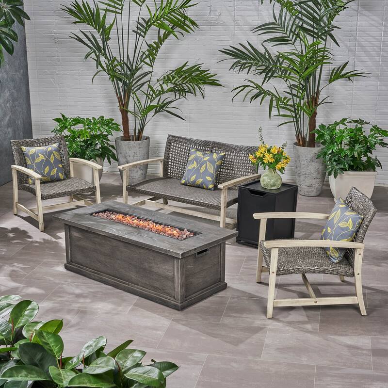 Breakwater Outdoor 5 Piece Wood and Wicker Chat Set with Fire Pit by Christopher Knight Home - Light Gray