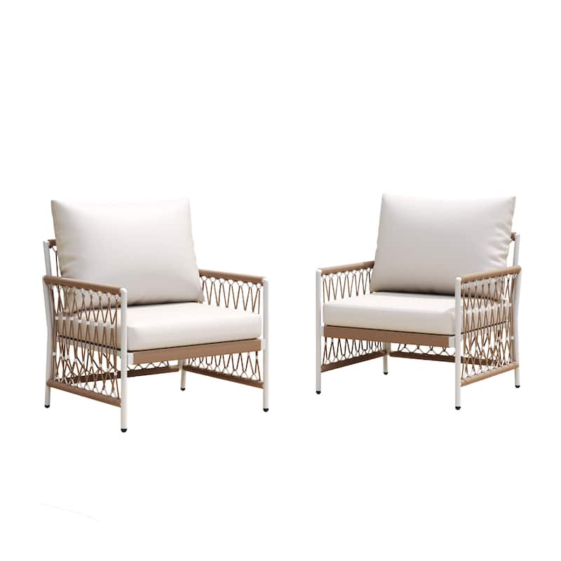 Roomfitters Set of 2 Outdoor Lounge Chairs with Handwoven Rope, Steel Frame and Waterproof Cushions, Beige+Natural