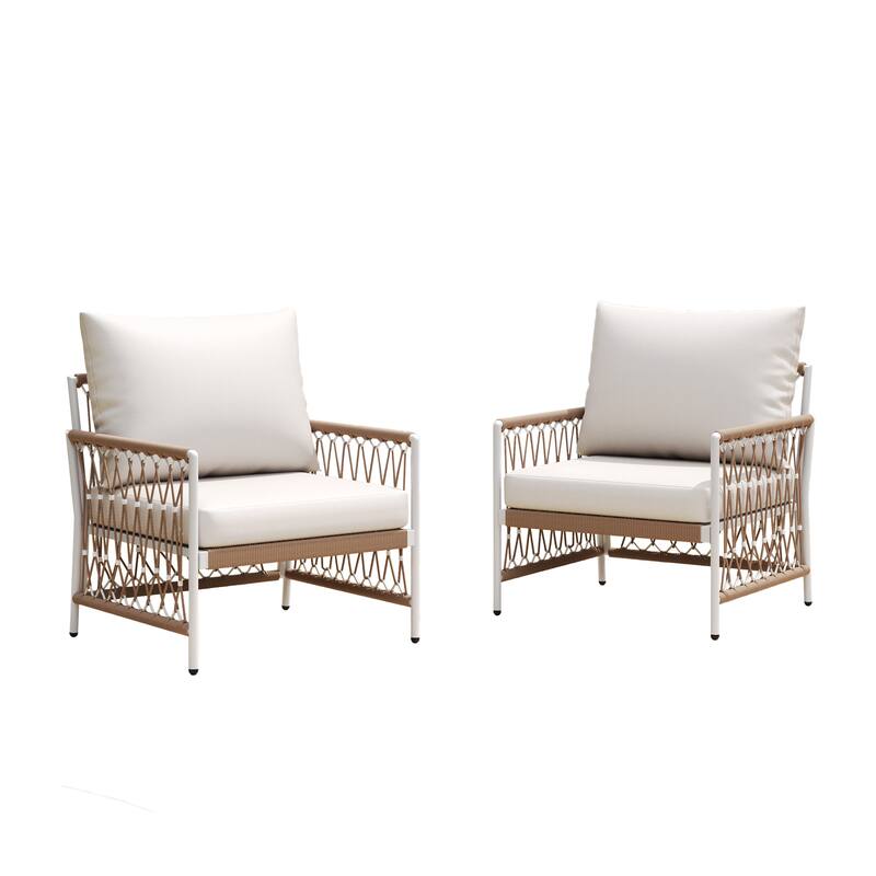 Set of 2 Bohemian Outdoor Lounge Chairs with Waterproof Cushions Handwoven Accent Armchair with Steel Frame for Patio, Poolside
