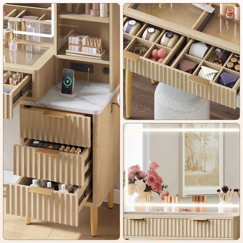 Modern Glass Top Dressing Table with 5 Drawers， LED Mirror