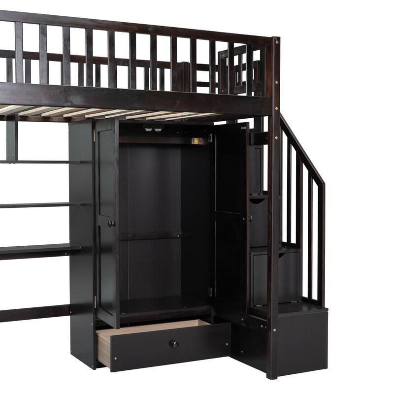 Twin size Loft Bed with Bookshelf,Drawers,Desk,and Wardrobe