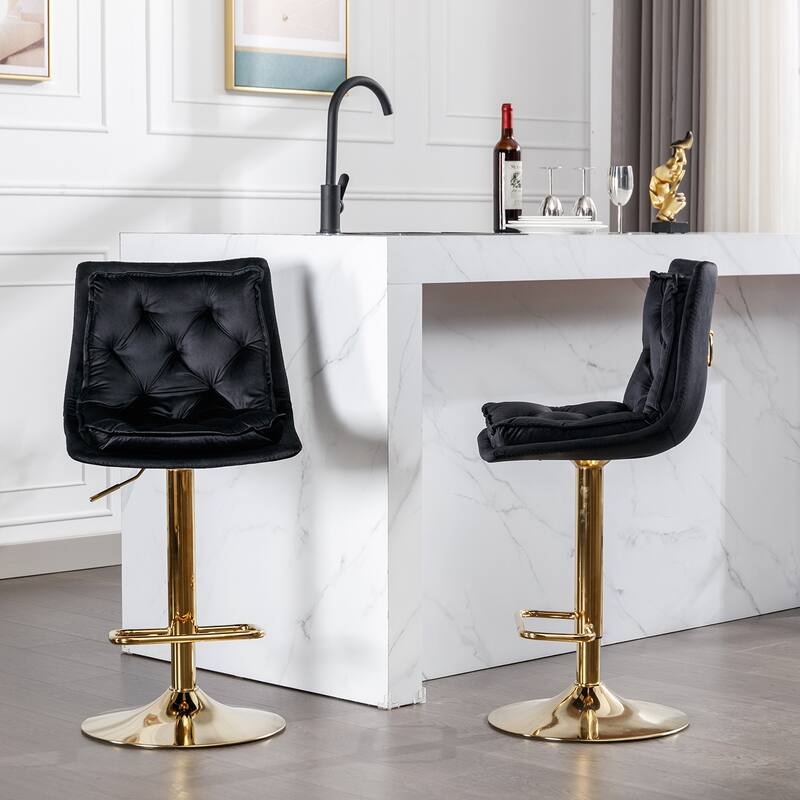 Set of 2 Bar Stools,with Chrome Footrest,Base Swivel Height Adjustable Mechanical Lifting Velvet + Golden Leg Simple Bar Stool