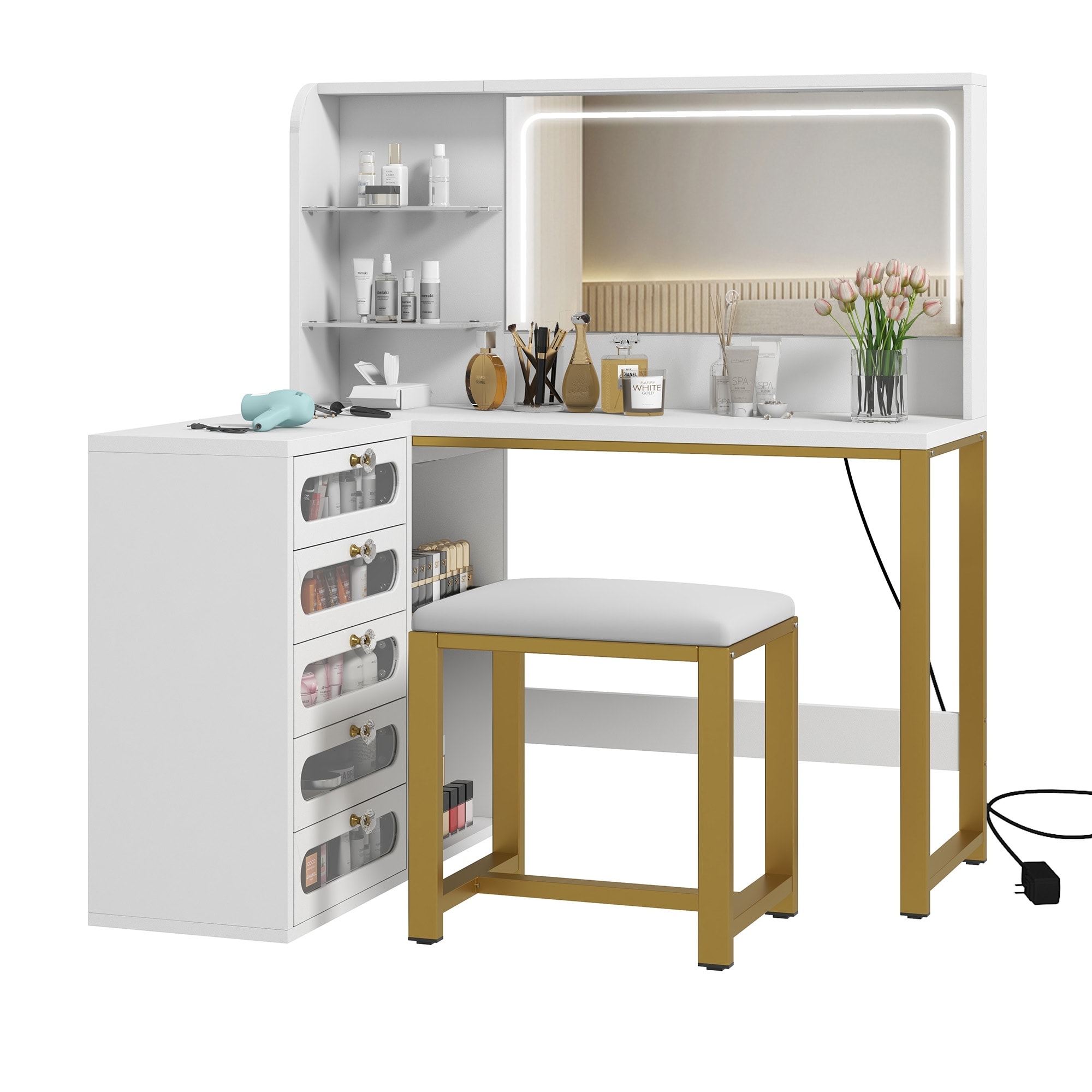 Moasis 48" L Shaped Makeup Vanity Set 5 Drawers with Lighted Mirror and 