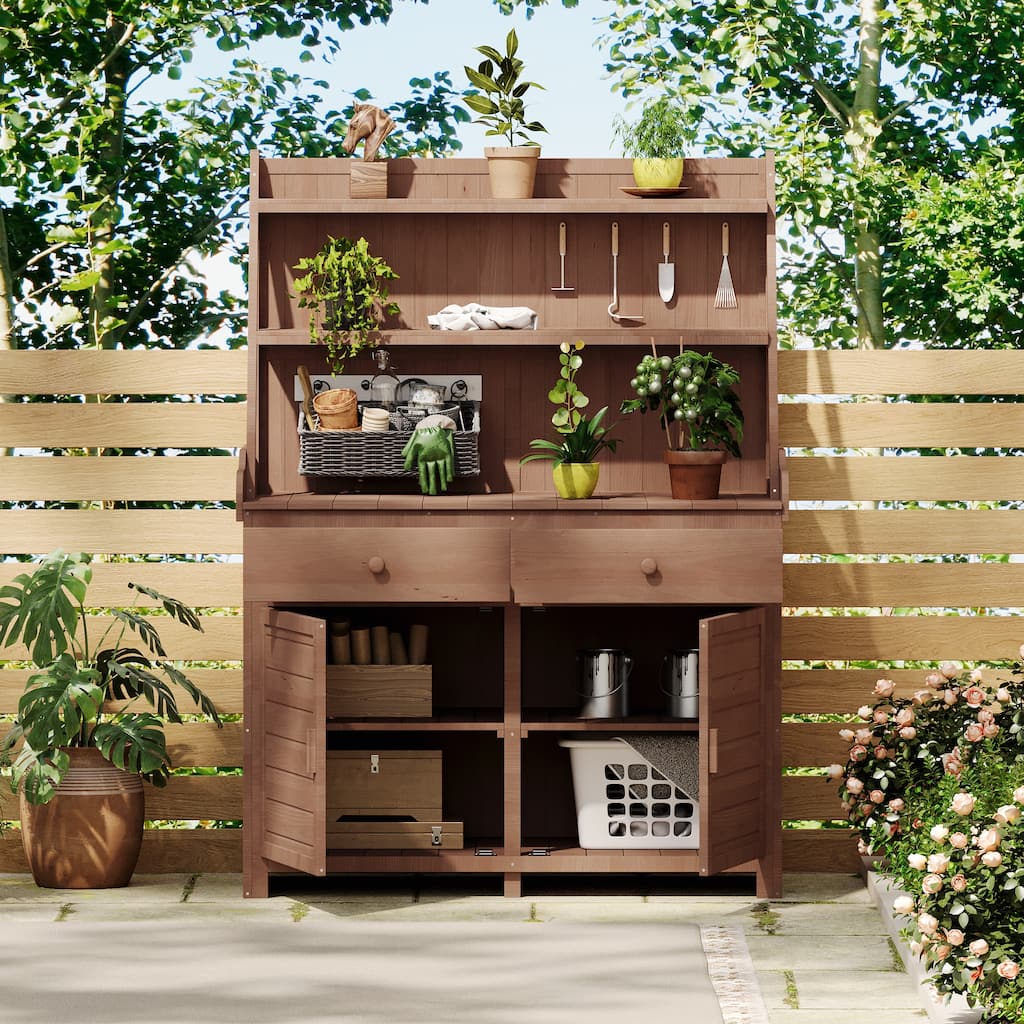 Fir Wood Workstation with Storage Shelf, Drawer and Cabinet, 65inch Garden Potting Bench Table