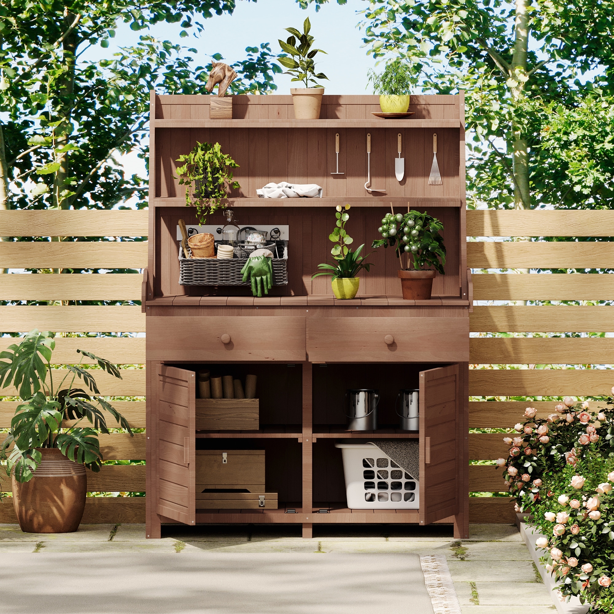Outdoor Potting Bench Table, Gardening Workstation with Open Storage Shelves, Fir Wood Workstation with 2 Drawers and Cabinet