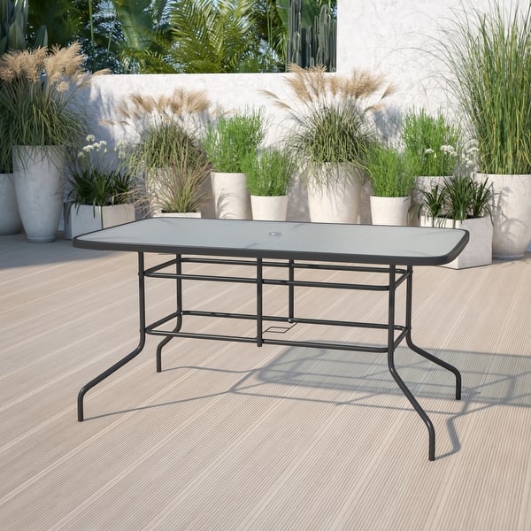 slide 2 of 32, Rectangular Glass Metal Patio Table with Umbrella Hole Clear Top/Black Frame