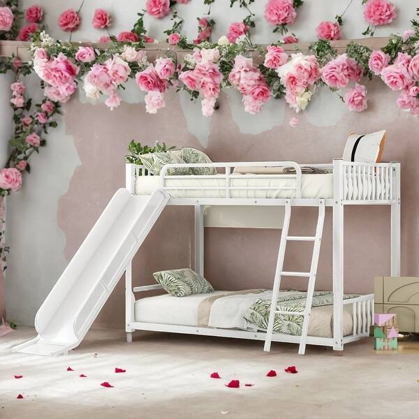 slide 2 of 20, Modern Twin Over Twin Metal Bunk Bed With Slide,Sturdy Frame,For Bedroom White