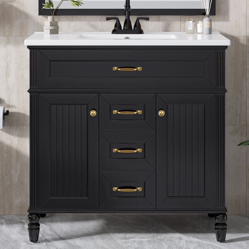 36 Inch Bathroom Vanity with Sink Combo, Black Freestanding Cabinet with Ceramic Basin, MDF + Solid Wood Frame