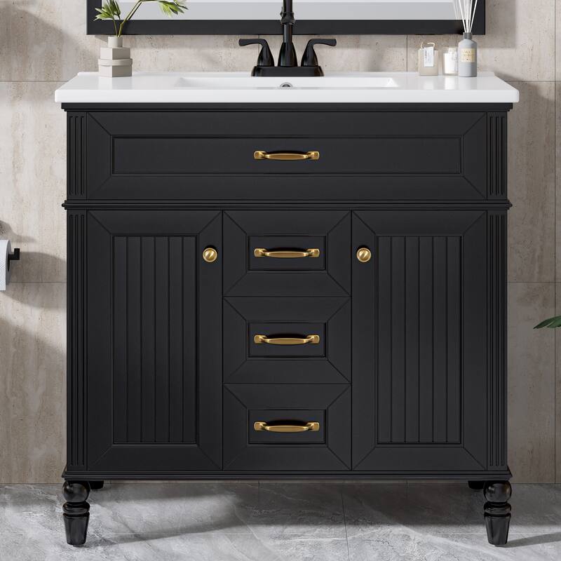 GDFStudio - Sunny Modern 36-Inch Bathroom Vanity with Ceramic Sink and Flip-Out Drawer - Black