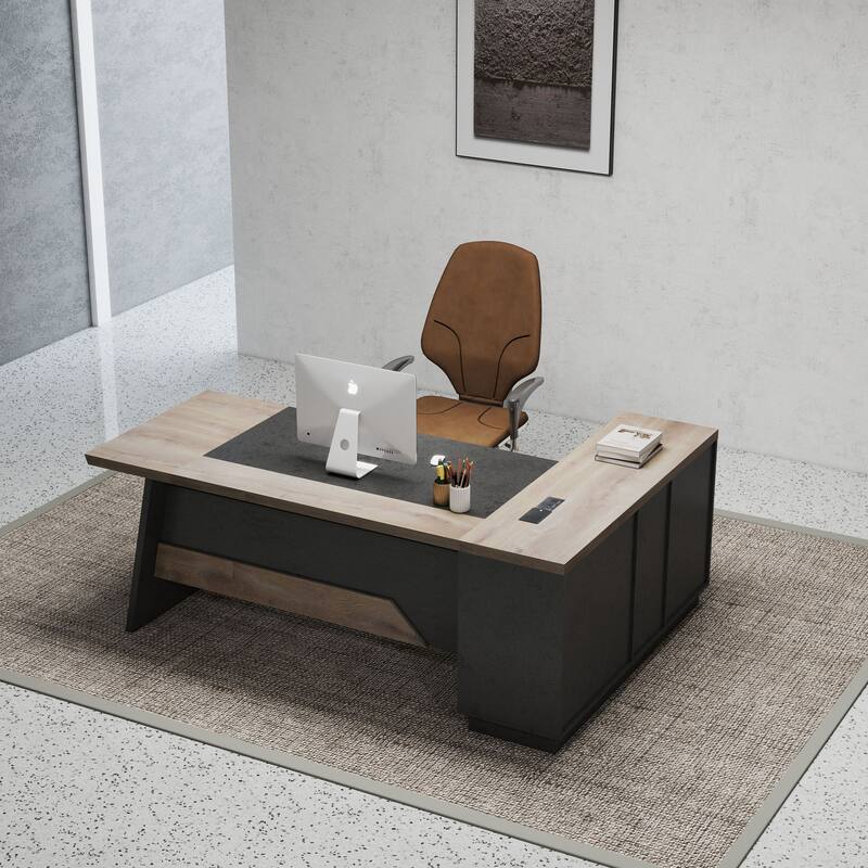 WESOME Black/Wood L-Shaped Executive Desk with Cabinet Built-In Outlet(LP002) - Left Return - 63inchBlack/Wood