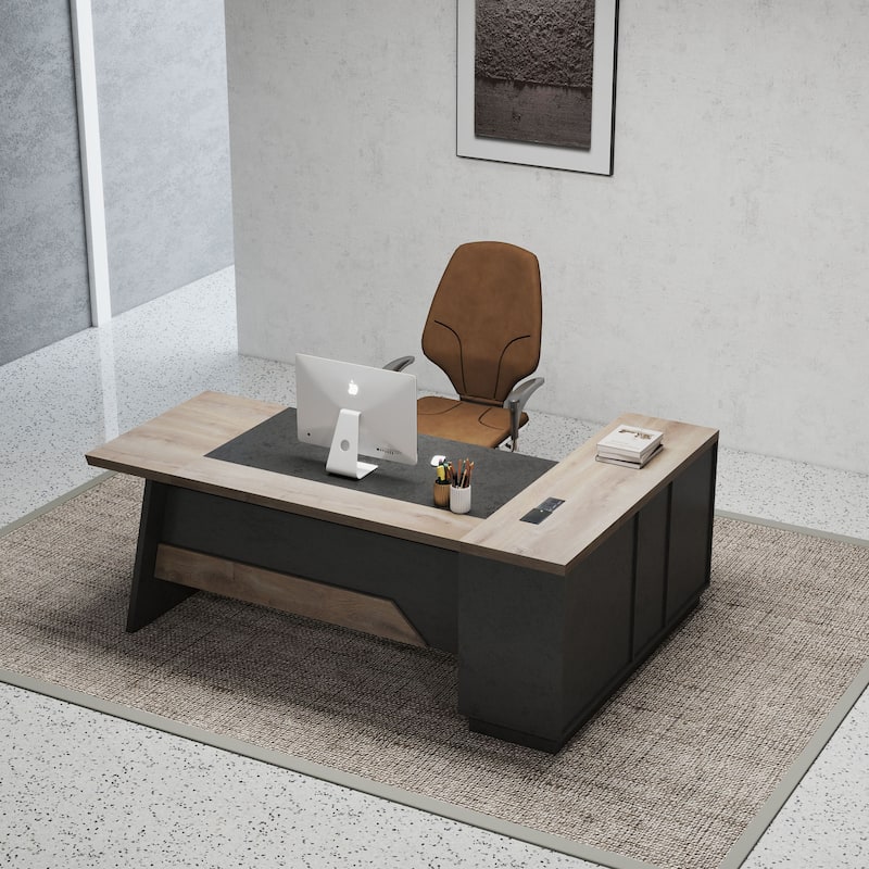 WESOME Black/Wood L-Shaped Executive Desk with Cabinet Built-In Outlet(LP002) - Left Return - 78inchBlack/Wood