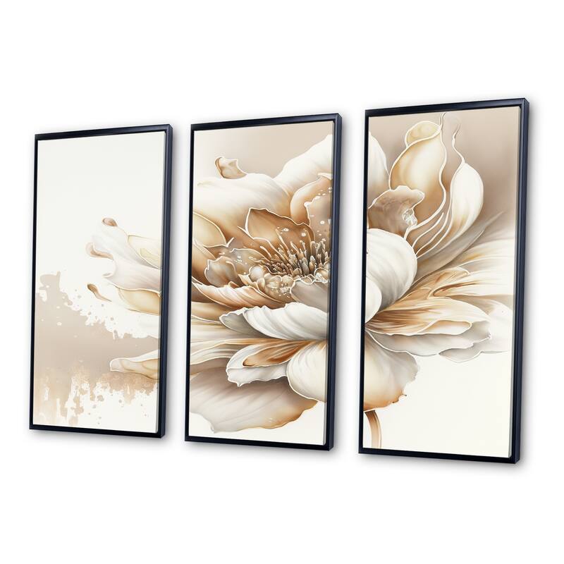 Designart "Blooming Beige Floral Design I" Floral Framed Canvas Art Print - 3 Panels