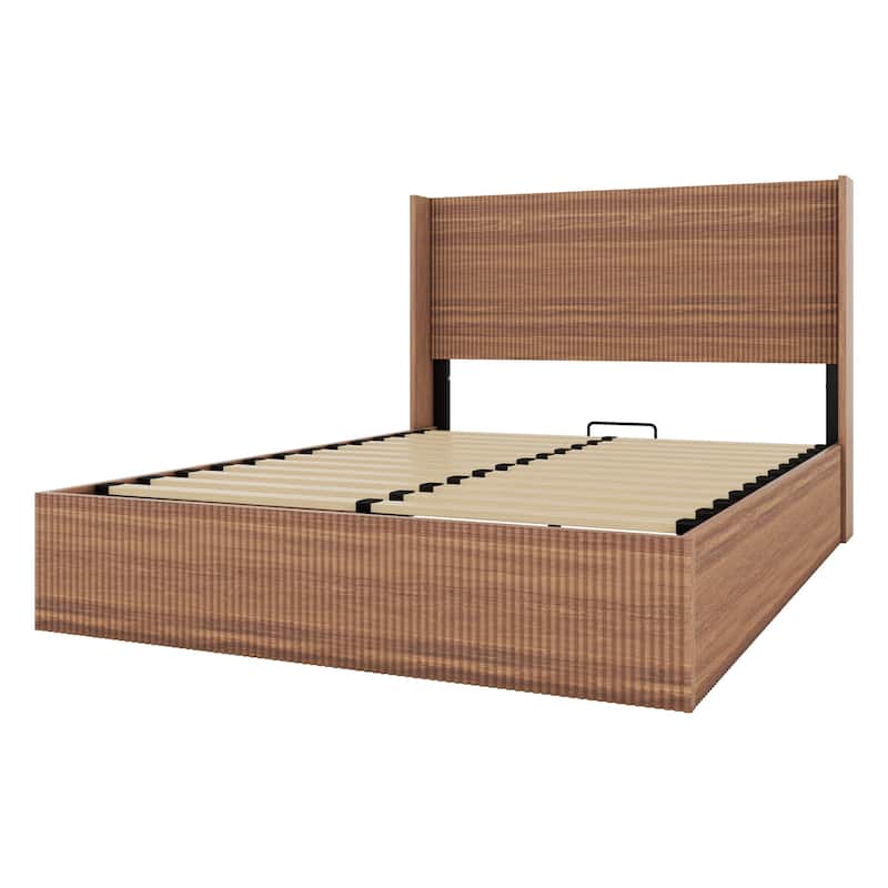 Queen Size Wooden Platform Bed Frame with Lift Storage, Rustic Brown, No Spring Box Required