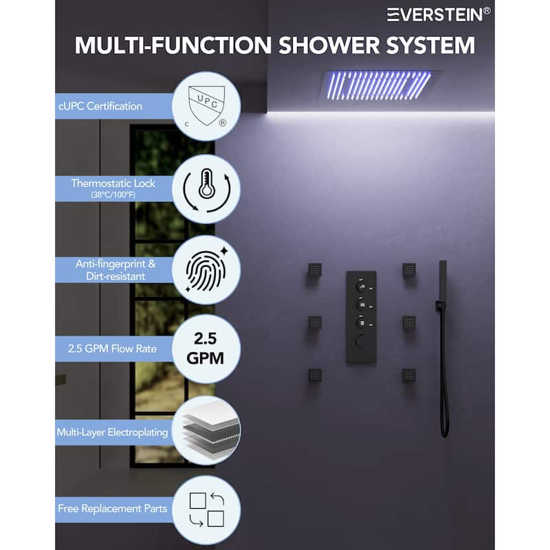 64 Color LED Mood Lighting Thermostatic Shower System,20"Ceiling-Mount Shower Head with 3-Functions Spray