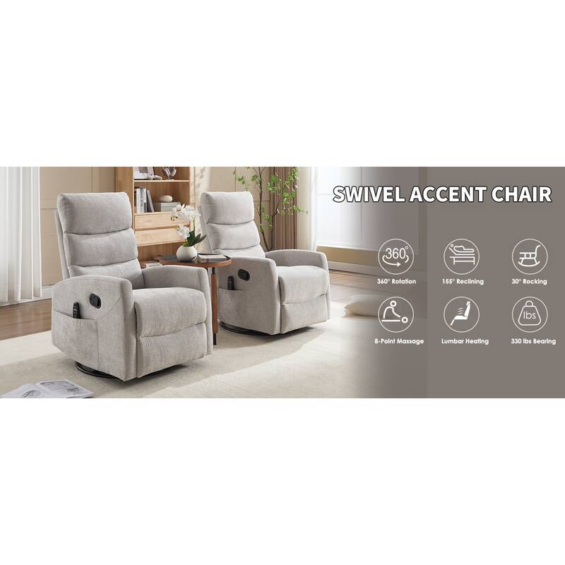 Roomfitters Manual Rocker Swivel Recliner Chair with Heat and Massage Fabric Glider Lounge Sofa for Living Room