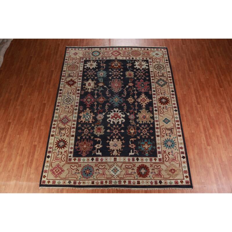 Navy Blue Oushak Indian Area Rug Hand-Knotted Wool Carpet - 9'3" x 12'0"