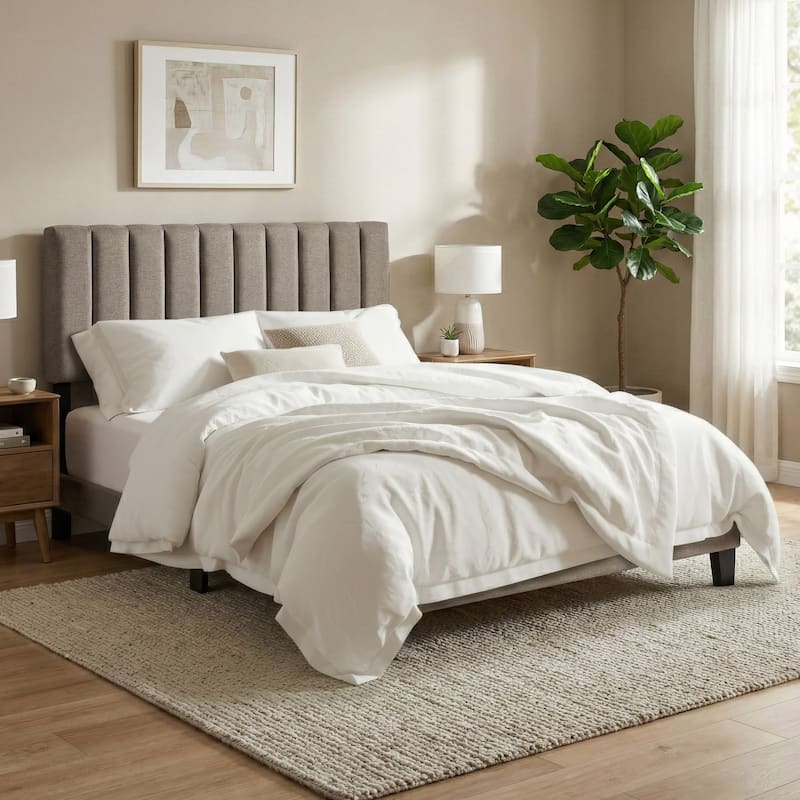 Furniture of America Merro Modern Solid Wood Upholstered Panel Bed with Channeled Headboard - Brown - King