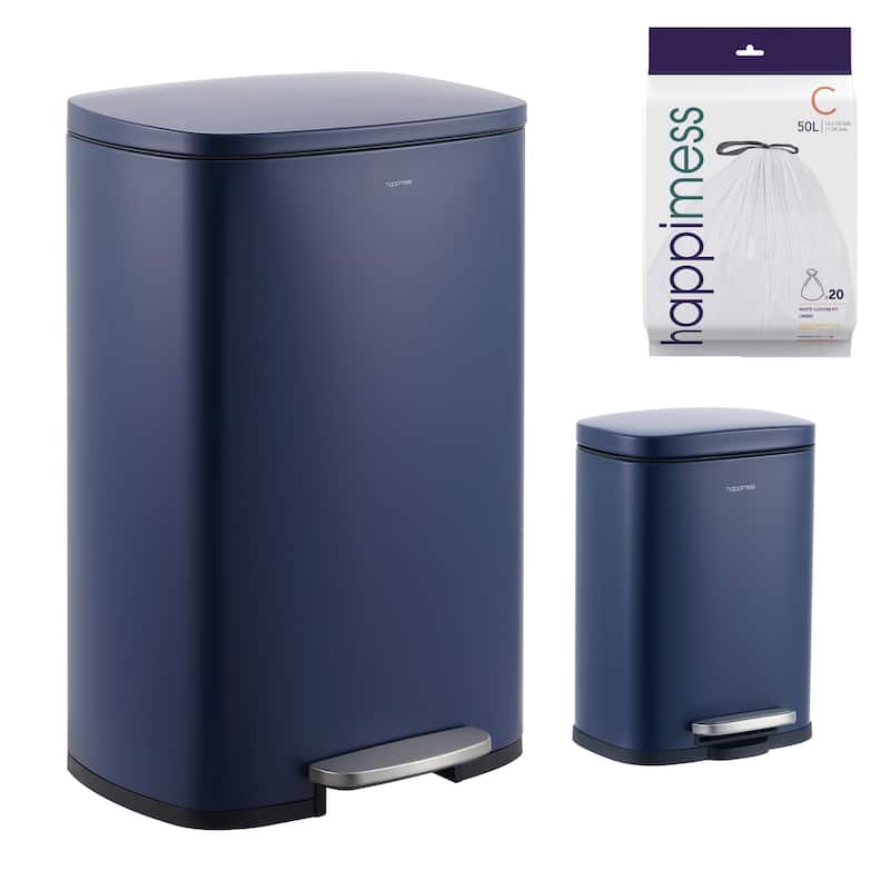 happimess 13-Gallon Trash Can with Soft-Close Lid and FREE Mini Trash Can - Denim Blue
