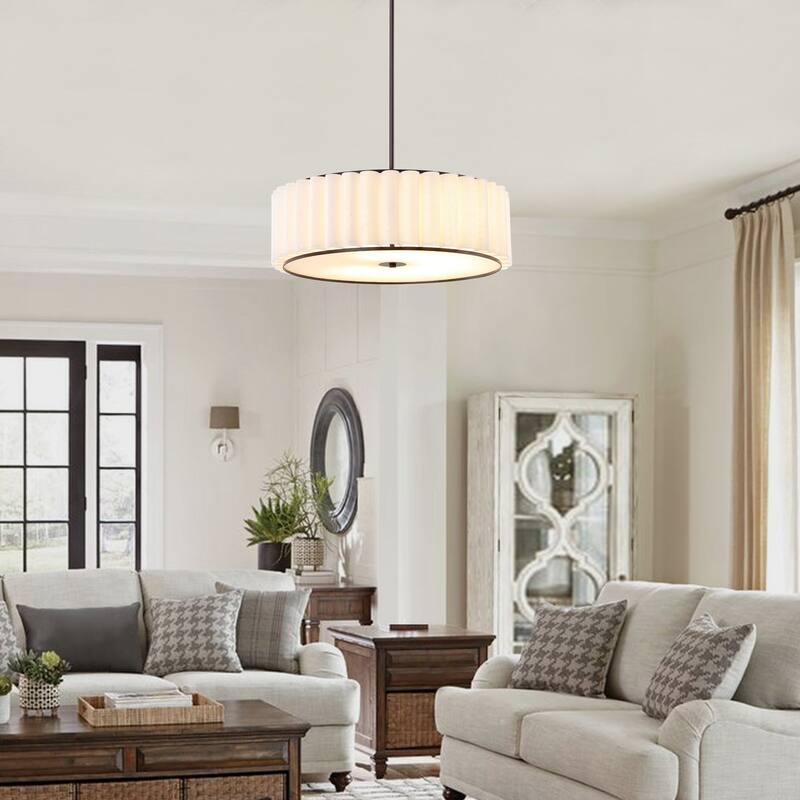 Modern Chandelier Bronze 24" 5-Light White Linen Shade