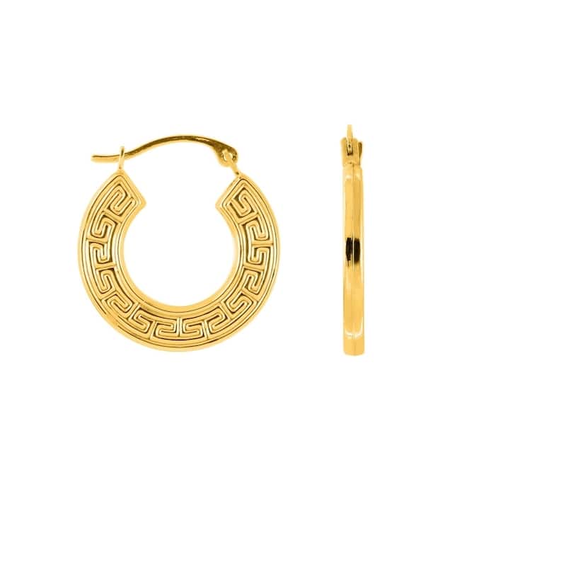Curata 10k Yellow Gold 15mm Textured Greek Key Round Hoop Earrings