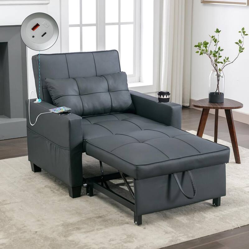 3-in-1 Pull out Convertible Futon Sleeper Armchair Beds with USB Ports