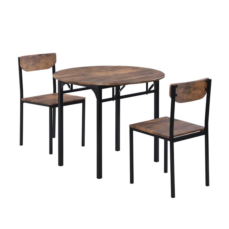 3-Piece Modern Round Dining Table Set Solid Wood Drop-Leaf Kitchen Table with 2 Chairs, Space-Saving Dining Set for Small Spaces