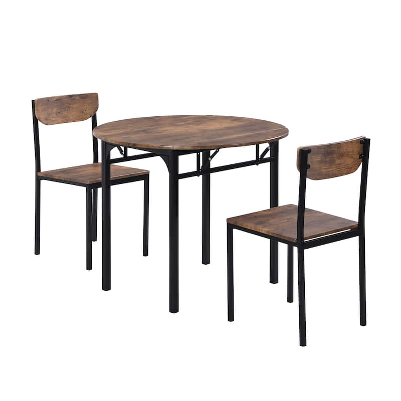Roomfitters Modern 3-Piece Round Dining Table Set with Dual Drop Leaf and 2 Chairs for Small Spaces, Rustic Brown & Black