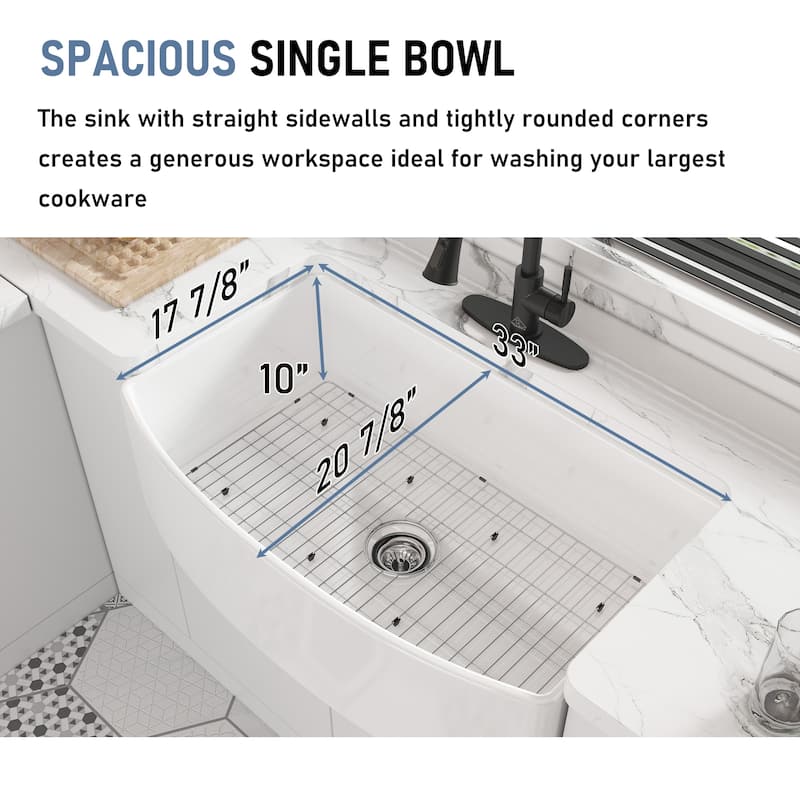 All-in-One Curved Design Single Bowl Farmhouse/Apron-Front Fireclay Kitchen Sink with Pull Down Kitchen Faucet and Accessories