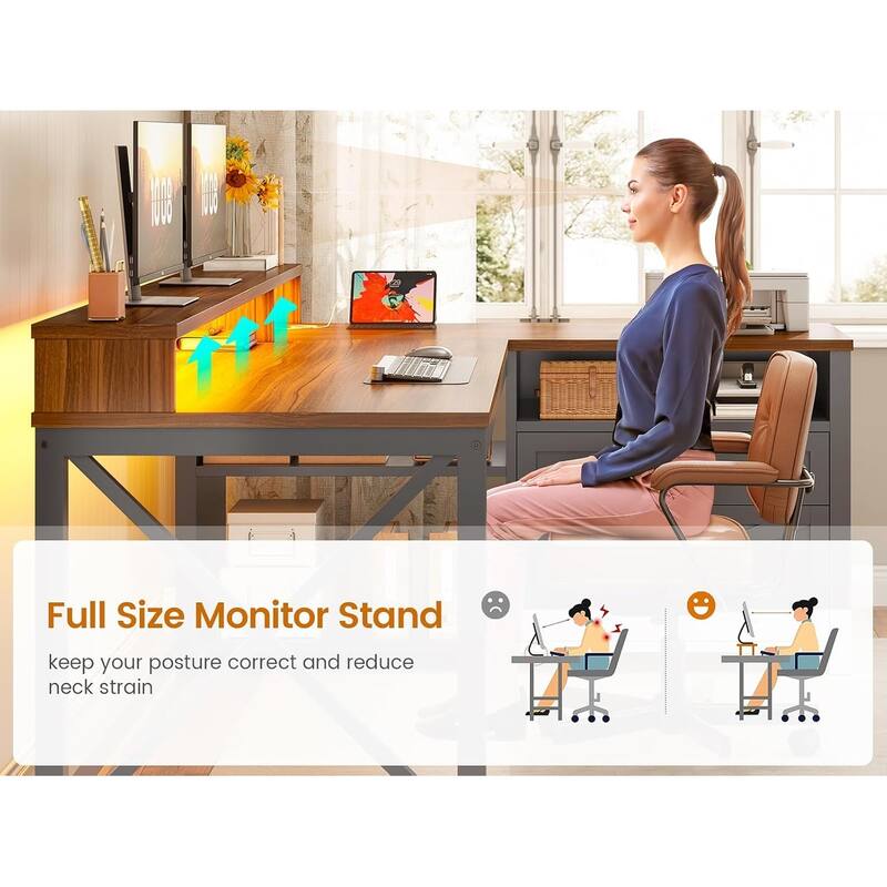 L Shaped Desk 55" Home Office Desk Drawers Storage Shelves