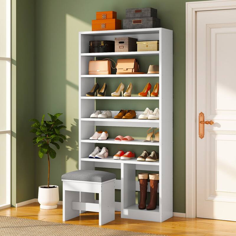 Moasis 8 Tiers Free Standing Shoe Cabinet with Hidden Bench, 70.9'' Tall Shoe Racks with Open Storage & High Boots Cubby
