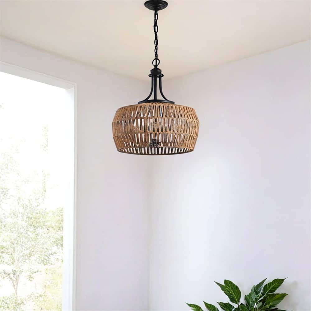 19" Boho Hemp Rope Pendant Light with Adjustable Chain,No Bulbs