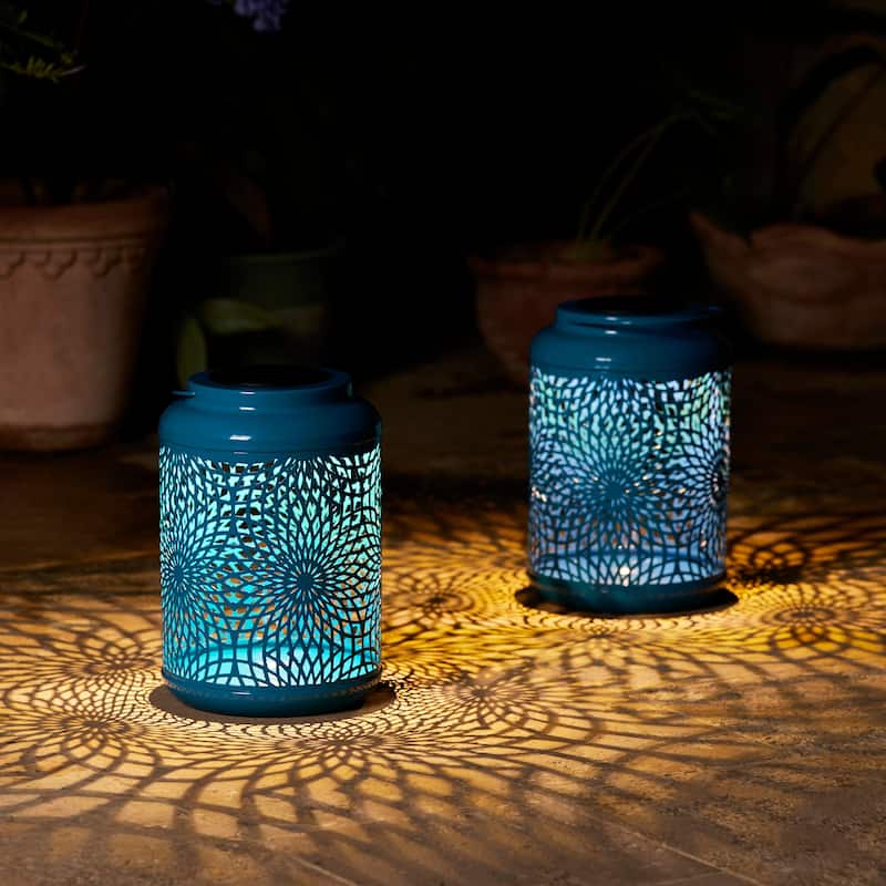 Glitzhome 8.75"H Outdoor Waterproof Metal Solar Hanging Lantern with Flower Leaves Decor - 2PCS Blue-Flower